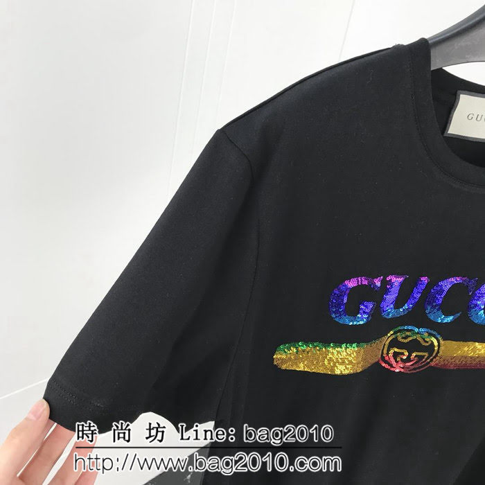 GUCCI古馳 19ss早春新款 燙金亮片LOGO短袖 定制原版珠片 水洗米白色 高版本情侶款 ydi2532